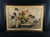 Antique Japanese Lithograph Still Life Flowers Portrait