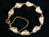 Vintage 14K Yellow Gold Natural Baroque Reborn Pearl Bracelet W/ Safety Chain