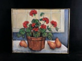 Vintage Original Sighed S. Johnson Oil On Canvas Still Life Geraniums & Pears Painting