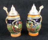 Two Vintage Miniature German Beer Steins with Pewter Lids