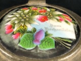 Vintage German Pewter Lid Hand Painted Enamel Flowers Signed Glass Stein