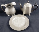 Set of Pewter Plate Footed Teapot and Pitcher