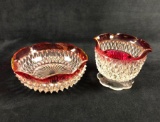 Vintage 2 Piece Indiana Glass Diamond Point Ruby Band Sauce Mayo Set Fluted Serving Dish