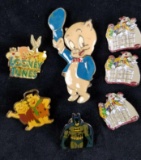 A Lot of 7 Vintage Warner Brother DC Batman Porky Pig Flinstones Bugs Bunny Looney Tunes Lapel Pins