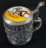 German Original BMF Bierseidel Glass Beer Stein With Drinking Man Lid Decoration