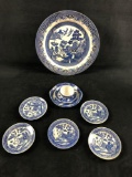 Lot Of 9 Vintage Flow Blue White Chinoiserie Exotic Birds English Willow Ware Royal China Underglass
