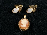 Vintage Classic 14K Yellow Gold Opal Earnings & Small Carved Cameo Pendant