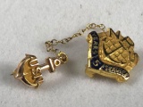 Vintage 14K Gold US Navy 5 Yr Service Pin & 14K Anchor Pin