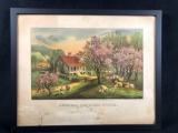 Framed American Homestead Spring Pubo by Currier & Ives