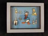 A Lot of 6 Vintage Donald Duck Framed Collectables Earrings Rings Spoon Charm Pendant Figure
