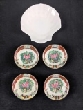 Set Of Four Chinese Vintage Hand Painted Porcelain Finger Bowls And Shell Dish