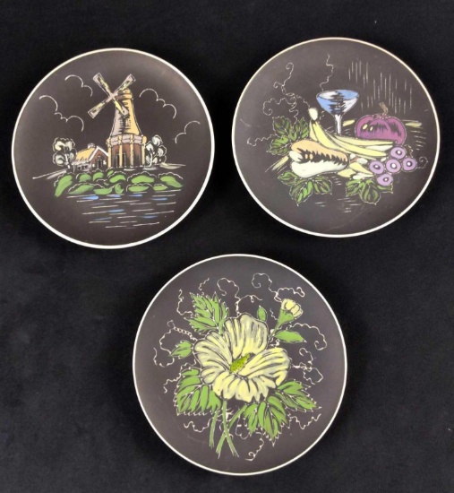 Three Japanese Enesco Hand Painted Black Plates