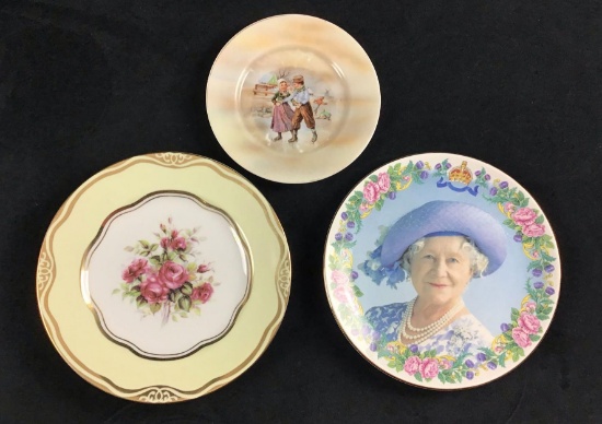 Lot of 3 Vintage Circa 1900s Porcelain Plates Queen Elizabeth Royal Bayreuth Staffordshire Woodmere