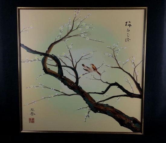 Vintage Oriental Original Sighed Oil On Canvas Cherry Blossom Tree & Birds