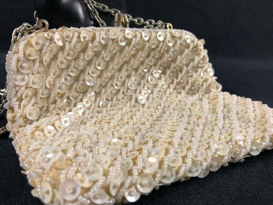 Vintage Micro Hong Kong Cream & Pearl Beaded Evening Clutch