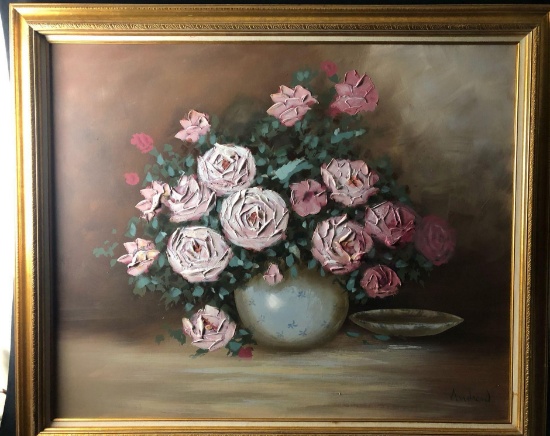 Original Vintage Still Life Flowers Oil Painting By Andrew