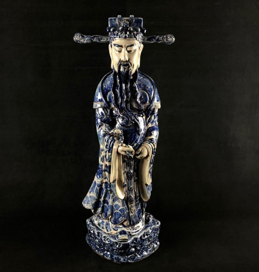 Antique Colossal Size! Chinese Blue and White Porcelain Statue of Fuk