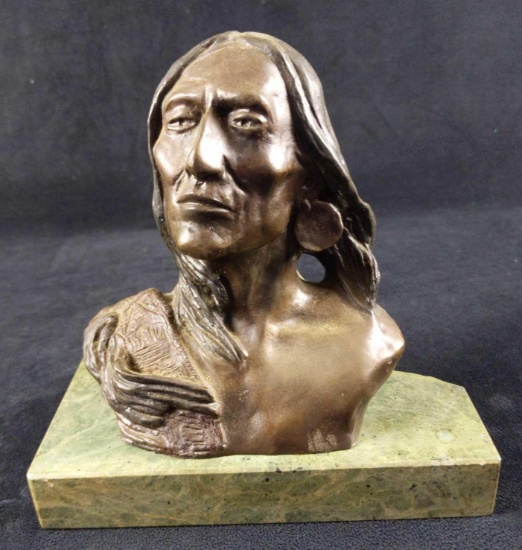 C M Russell American Indian Bronze Bust With Base