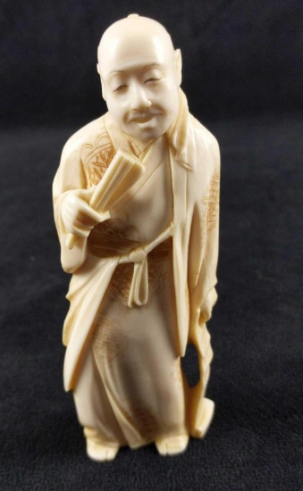 Vintage Hand Carved Bone Asian Monk With Fan