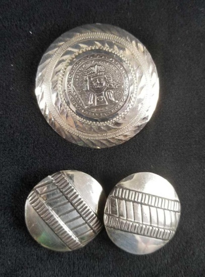Sterling Silver Cultura Zapoteca Tribal Pin Pendant and Clip Earrings