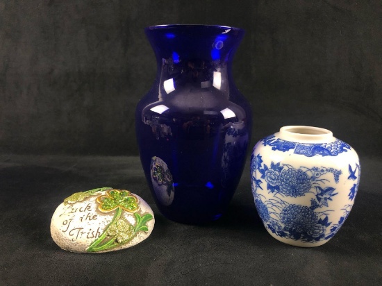 Cobalt Blue Glass Vase Floral Ceramix Pot Decrotive Irish Rock Home Decor