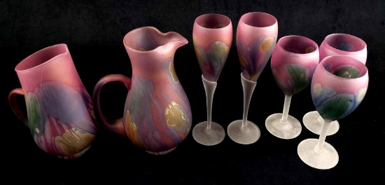 Lot of 7 Nouveau Art Glass by Rueven Glasses and Pitchers