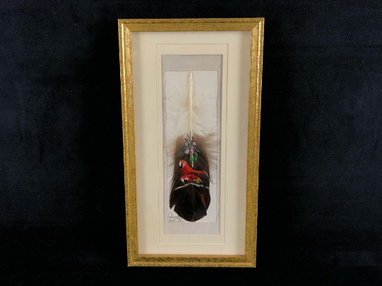 Vintage Costa Rica Signed Original Feather Painting Scarlet Macaw Parrots On A Tree Limb