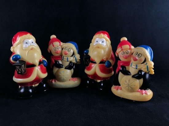 Vintage 1980's Santa's & Penguin's Blow Mold's 7" Figures Lot Of 4
