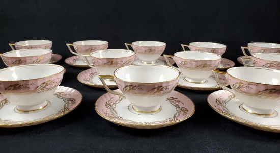 Lot of 12 Royal Tettau Tea Cups and Saucers Pink Gold