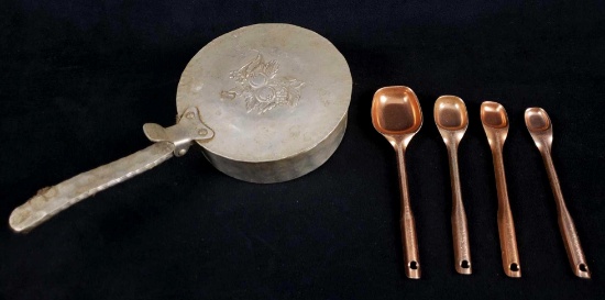 Hand Forged Everlast Metal Aluminum Silent Butler Crumb Catcher and 4 Copper Measuring Spoons