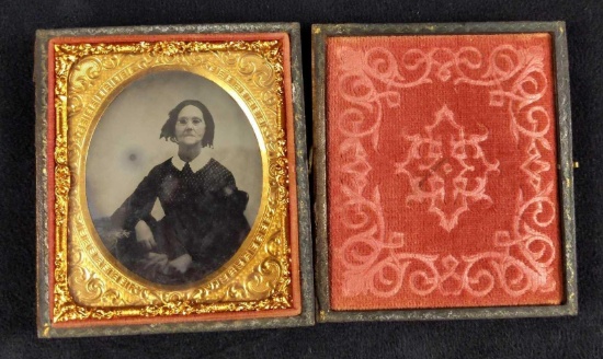 Antique Tintype Portrait W Gutta Percha Case Woman