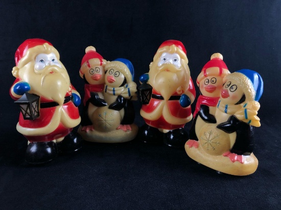 Vintage 1980's Santa's & Penguin's Blow Mold's 7" Figures Lot Of 4
