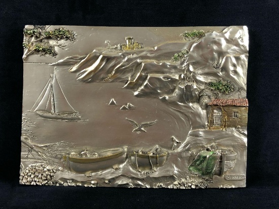 Vintage ARG 925 Silver 3D Relief Art Plaque Fishing Village Scene