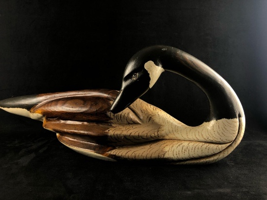 Life Size Hand Carved Solid Wood Preening Goose Hand Painted Signed R. Beauchamp