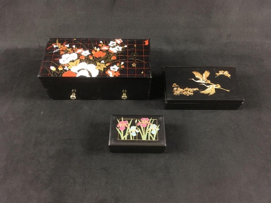 Lot of 3 Plastic Jewelry Boxes Finished in Traditional Lacquer ware Style