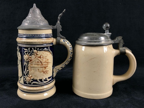 Vintage German Villeroy Boch Foreign Stoneware pewter top 4" & 5" Stein's