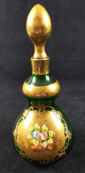 Vintage Bohemian Green Glass Enameled Decanter