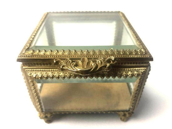 Antique 1950s Beveled Glass & Gilded Ormolu Brass Jewelry Trinket Casket Box