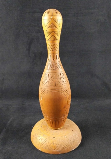 Vintage Hand Carved Wooden Bowling Pin With Stand