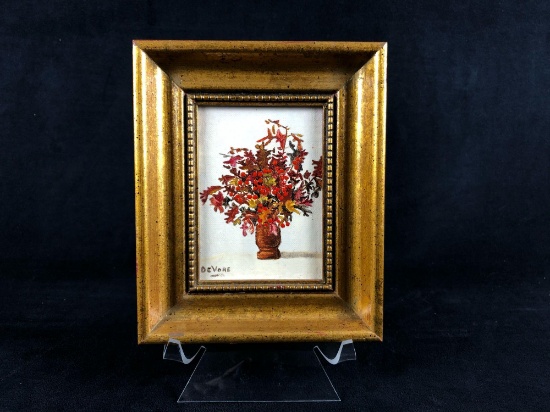 Small Vintage Original Michael DeVore Oil On Canvas Still Life Flowers in Brown Vase