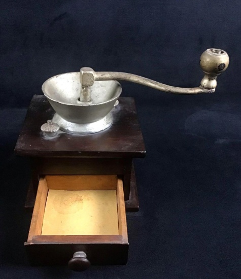 Vintage Manual Wood and Metal Coffee Grinder Mill