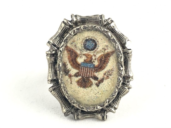 Rare Beautiful Silver plated Patriotic Adjustable Sand Art Eagle Ring