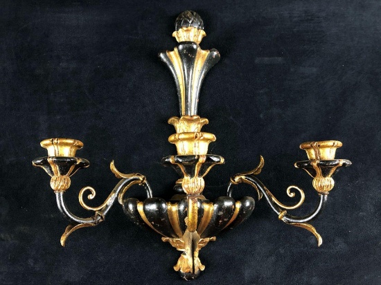 Beautiful Midcentury Hollywood Regency Italian Gothic Wood & Metal Gilded Candelabra Wall Sconce
