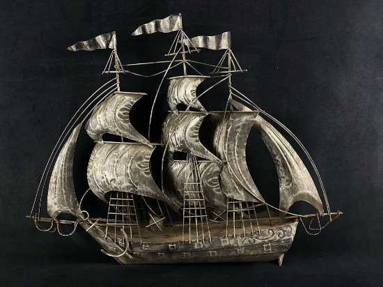 Vintage Handmade Tin Pirate Ship Sail Boat