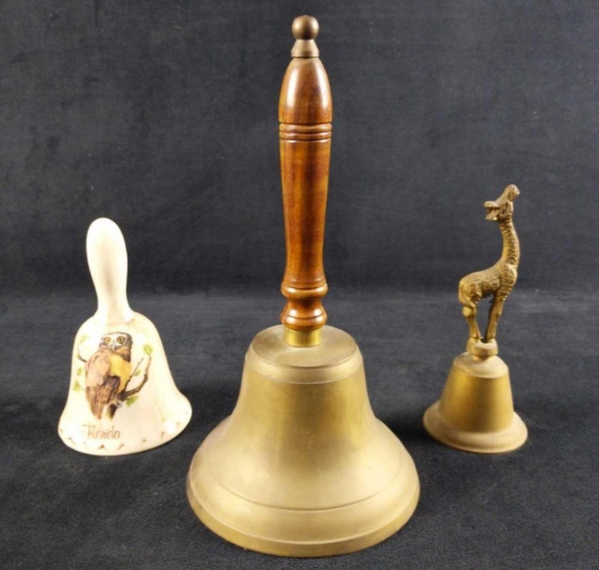 3 Vintage Brass Ceramic Giraffe Owls Bells