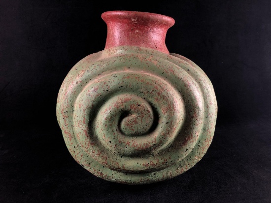 Large Vintage Handmade Mexico Mint Green & Clay Red Swirl Vase