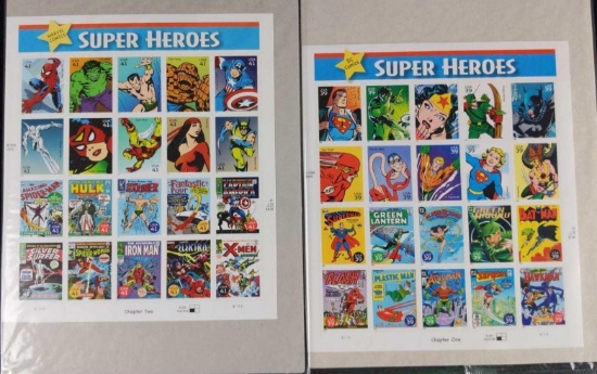 2 Sheets Of Marvel DC Comic Book Stamp Sheets