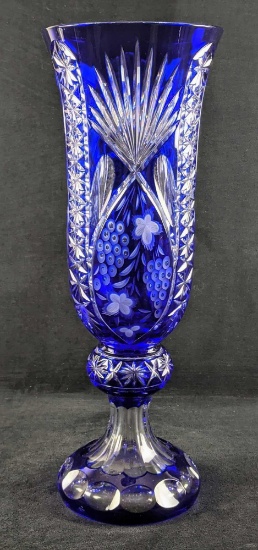 Large Blue Bohemian Czechoslovakia Crystal Vase W3