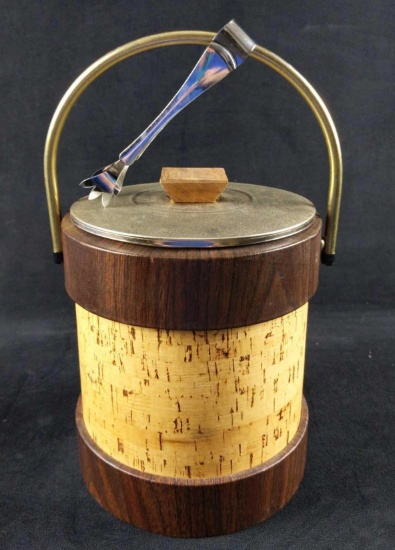 Vintage Cork Ice Bucket With Ice Tongs