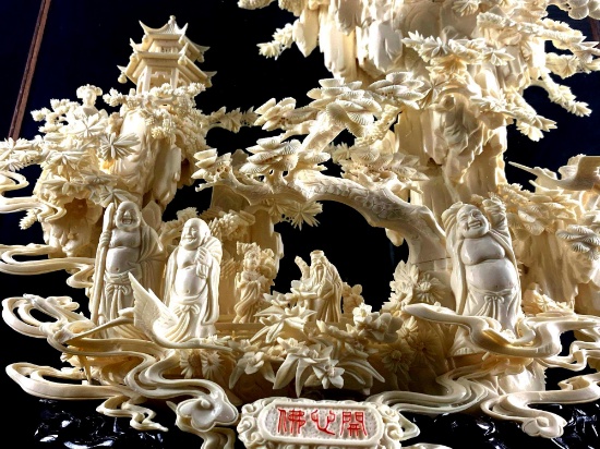 Large Antique Hand Carved Bone Chinese "History Of Buddhism" Temple Mountain Scene & Case (W3)